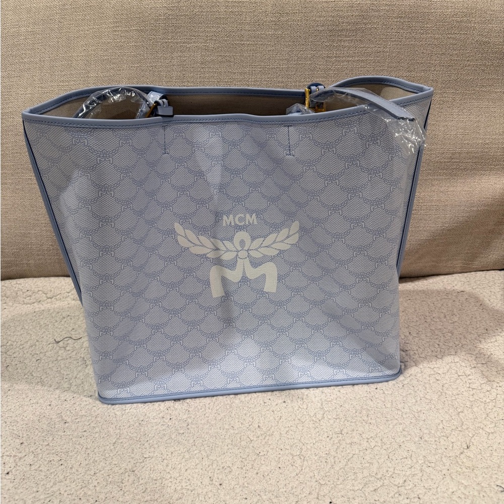 MCM Light Blue Logo Tote